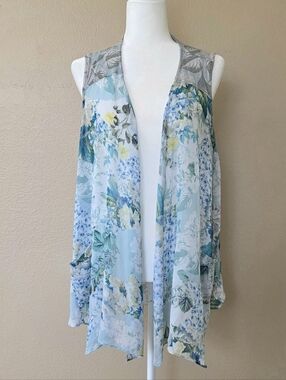 LOGO Lori Goldstein Blue Floral Open Front Vest Kimono - Size Small